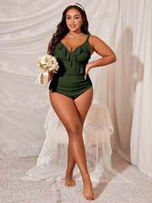 Slaydiva Plus Size Solid Color Ruffle Trim One-Piece Swimsuit For Beach Vacation - Army Green - View 4