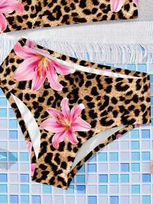 SHEIN Bộ đồ bơi họa tiết hoa nhiệt đới và da báo, gồm áo hai dây và quần bơi, kiểu dáng ôm sát thoải mái dành cho bé gái, thích hợp cho mùa hè. - Nhiều màu - Xem 5