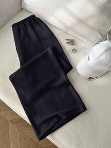 Elamini 女士复古纹理休闲低腰宽松直筒裤，修身纯色宽松版型长裤，适合春季穿着 - 藍色 - 查看 2