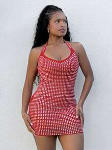 Tyla Gomez Sexy Mesh Strass Neckholder Mini Kleid für Frauen - Rot - Übersicht 5