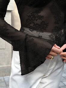 SHEIN Clasi Women's Solid Color Round Neck Long Sleeve Lace Sexy Fitted Top - Black - View 7
