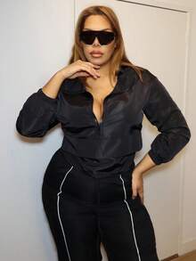 MelDlgn 大碼半拉鏈落肩袖連帽夾克 - 黑色 - 查看 4