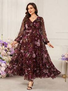 Modelyn Vestido midi elegante de talla grande para mujer con mangas farol, cintura ceñida y estampado floral - Burdeos - Ver 6