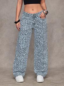 Jeanoix Y2K 时尚低腰豹纹水洗宽松直筒牛仔裤 - 彩色 - 查看 4