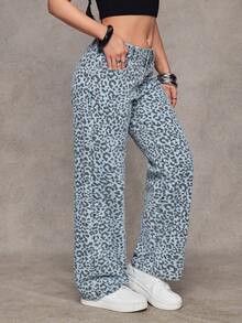 Jeanoix Y2K 时尚低腰豹纹水洗宽松直筒牛仔裤 - 彩色 - 查看 5