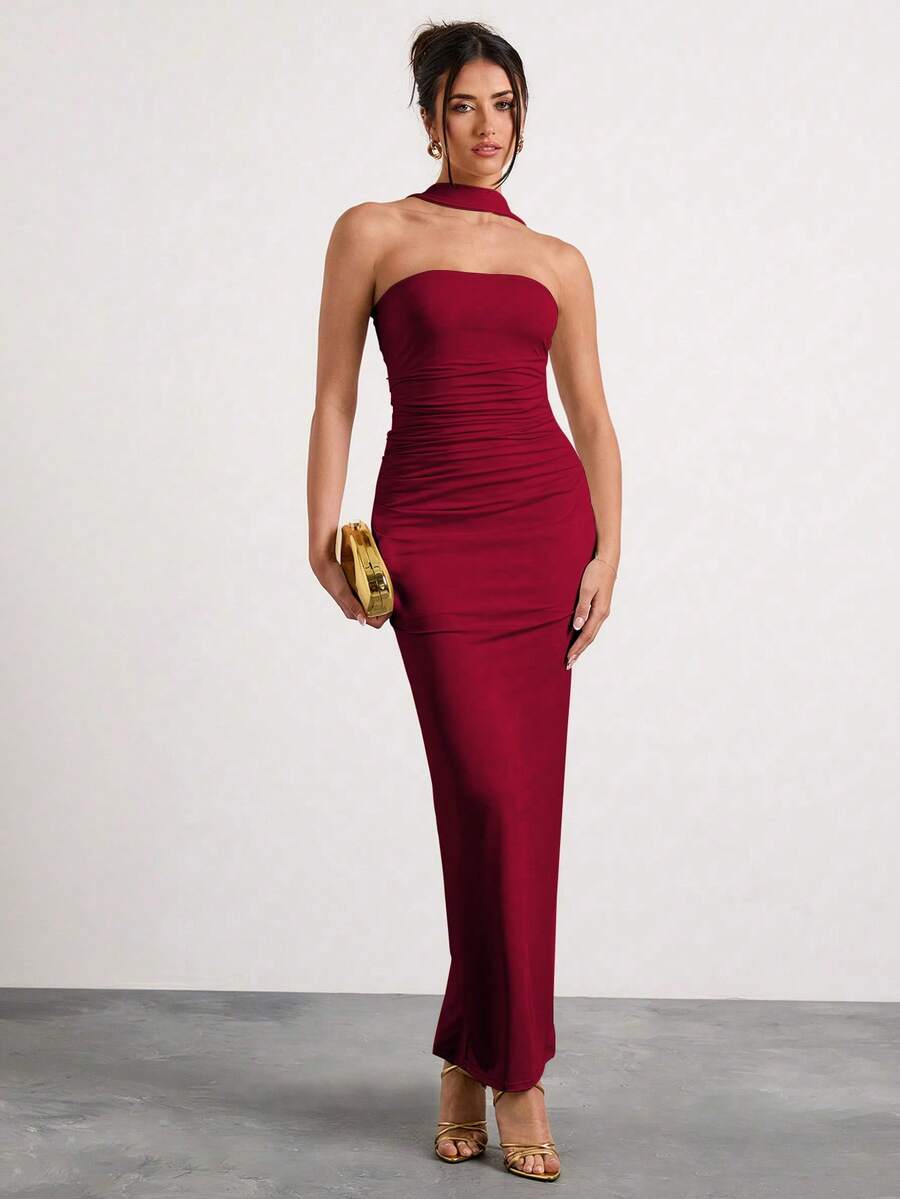 Glamine Đầm maxi cổ yếm xếp ly trễ vai màu đỏ tía, đầm dự tiệc lễ hội, trang phục hẹn hò, trang phục sinh nhật cho nữ, phong cách Y2K, màu sắc tươi tắn, thời trang đường phố, trang phục đi nghỉ mát cho nữ, đầm mùa hè, đầm tốt nghiệp, trang phục dự đám cưới. - Màu Đỏ Sâu - Xem 1