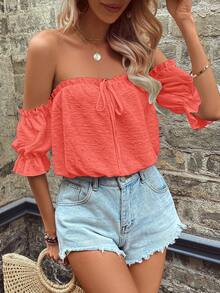Breezaya Blusa de mujer con volantes, hombros descubiertos y nudo delantero, de unicolor, para vacaciones - Rosado Sandía - Ver 4