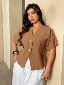 Auralis Camisa de uso diario versátil de talla grande, de unicolor, con cuello en V y abotonadura sencilla - Café integral - Ver 4