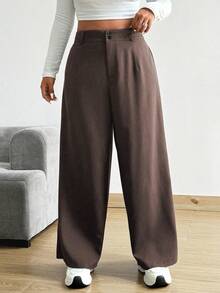 Vionelle Plus Size Women's Solid Color Button Casual Versatile Wide Leg Pants For Daily Wear - Coffee Brown - View 4