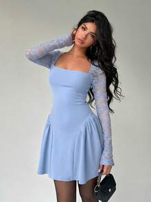 Aloruh Women's Solid Color Light Blue Lace Patchwork Umbrella Skirt - Baby Blue - View 9