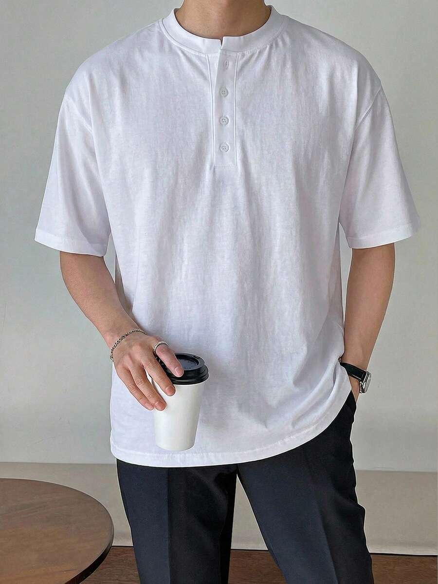 DAZY Men's Solid Color Short Sleeve Half-Button Collar T-Shirt, Summer - White - View 1