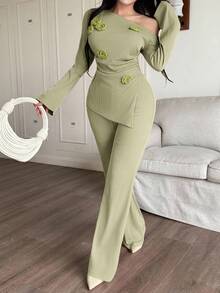 Feyla Women's Solid Color Asymmetric Shoulder Flare Sleeve Cinched Waist Asymmetrical Hem 2 Pieces Set With 3D Floral Decor - Green - View 8
