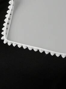 Ellevyn Contrast Trim Square Neck A-Line Waist Elegant Romantic Vacation Dress - Black - View 6