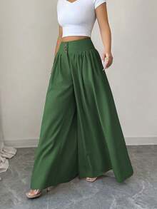 Elenzga 新款优雅时尚花卉搭扣设计宽松阔腿裤，亚麻卡其色长裤，适合春夏、感恩节和万圣节穿着，百搭宽松飘逸阔腿裤 - 綠色 - 查看 3