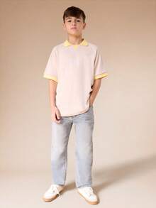 SUMWON Camisa polo de manga corta casual de verano para niños preadolescentes con cuello y puños de contraste amarillo - Caqui - Ver 3