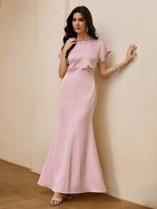 ZEYLAH Vestido de manga corta con cuello redondo y adornos de strass, primavera/verano - Rosa - Ver 5