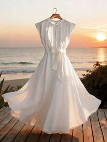 Qadelle Đầm midi không tay cổ đứng xếp ly với nơ thắt eo, đầm chiffon thanh lịch thích hợp cho công sở và hẹn hò, kiểu dáng trưởng thành giúp thon gọn vóc dáng. - trắng - Xem 1