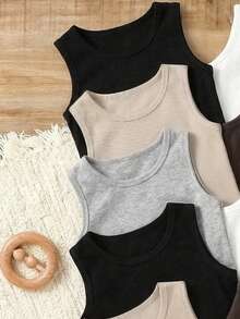 SHEIN 10件装男童舒适休闲无袖打底衫，简约设计风格，易于搭配，弹力透气针织面料，可机洗，穿着舒适，易于打理（5件单独出售） - 彩色 - 查看 3