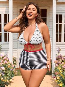 Swim Mod Plus Size Women's Summer Beach Polka Dot Halter Tie Sexy Bikini And Shorts Two-Piece Swimwear Set - Multicolor - View 3