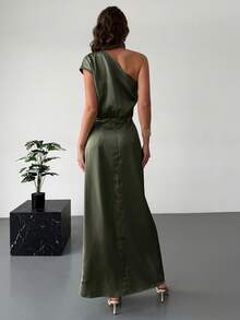 Aloruh Nuevo vestido de satén asimétrico de primavera/verano con cuello mao, cintura ceñida y elegante, vestido de invitada de boda, vestido de trabajo elegante, vestido de fiesta de noche, vestido verde para el Día de San Patricio, vestido verde militar, vestidos de lujo verde oscuro para mujer, vestido largo de cuello alto verde menta, vestido formal elegante, vestidos casuales largos clásicos para mujer, vestidos de verano para mujer - Verde - Ver 8
