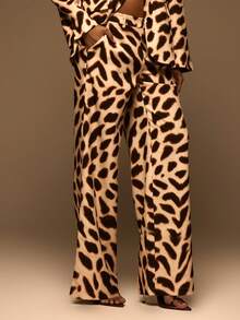 MUSERA 动物纹低腰阔腿裤，春夏优雅度假休闲风，适合伊比沙岛俱乐部、性感晚宴、婚礼宾客、日落之吻等场合。 - 棕色 - 查看 3