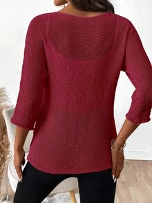 EMERY ROSE Áo len nữ trơn màu, cổ tròn, tay lỡ 3/4, dáng rộng, phong cách thường ngày. - Màu Đỏ Sâu - Xem 2