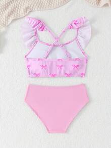 少女比基尼套装，可爱女孩度假学院风休闲粉色条纹蝴蝶结针织面料荷叶边装饰吊带两件式泳衣，时尚优雅女士适合游泳、夏季度假、海滩、泳池、假日派对 - 粉色 - 查看 2