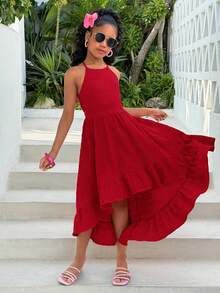 Tween Girl Solid Color Halter Hem Curved Waist Dress, Vacation - Red - View 4