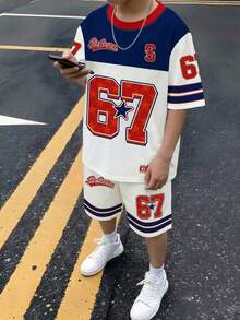 Conjunto informal de camiseta de manga corta y pantalones cortos con estampado 67 para adolescentes - Multicolor - Ver 7