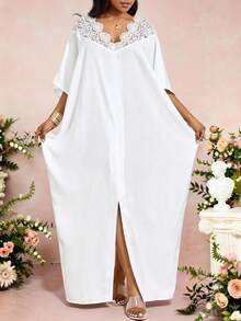 SHEIN Lady 大码夏季优雅拼接蕾丝蝙蝠袖宽松连衣裙 - 白色 - 查看 4