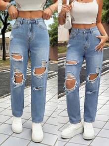 SHEIN PETITE PETITE Women's Summer Casual High Waist Ripped Straight Leg Jeans Light Blue Distressed Frayed Edge Baggy Denim Pants With Pockets Perfect For Streetwear & Daily Outfits Women's Casual Slim Tapered 7/8 Length Denim Jeans, Blue Low Rise Baggy Jeans,Bootcut Women Jeans,Petite Women Jeans - Blue - View 2