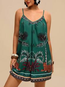 Travachic Women's Summer Greeen Boho Beach Holiday Casual Animal & Tropical Print Loose Jumpsuit,Deep V-Neck Backless Tie Waist Retro Vacation Shorts - Multicolor - View 5
