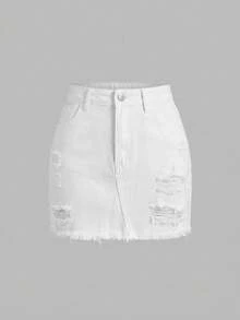 SHEIN MOD Plus Size Women Pocket Distressed Casual Denim Mini Skirt - White - View 1