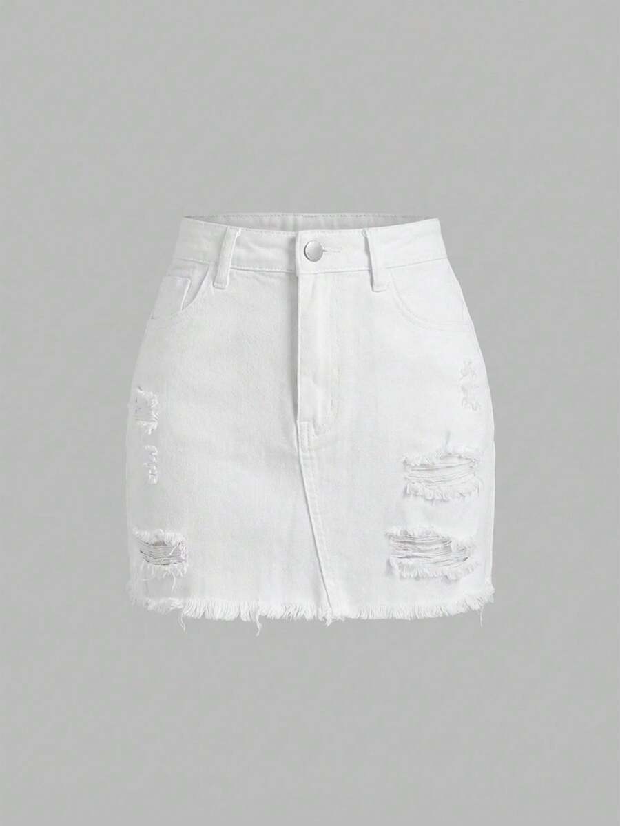 SHEIN MOD Plus Size Women Pocket Distressed Casual Denim Mini Skirt - White - View 1