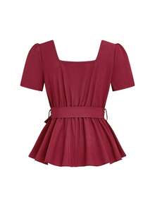 New Arrival Wine Red Square Collar Cinched Waist Ruffle Hem Pearl Button Casual Commuter Versatile Elegant Slim Fit Blouse For Women - Red - View 3