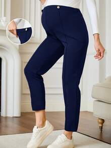 SHEIN Celana Hamil Kasual Serbaguna untuk Perjalanan Sehari-hari dengan Pinggang Tinggi, Warna Polos - Navy Blue - View 7