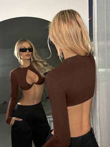 SHEIN ICON Y2K性感镂空爱心露脐街头风上衣 - 咖啡棕 - 查看 2