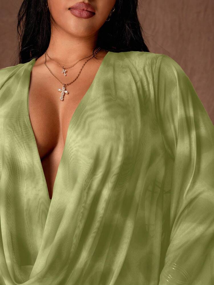 Rustia Deep Draped Neck Sheer Leopard Print Bodycon Dress With Puff Sleeves, Sexy Party Wear For Women, Early Autumn - Limelight Green - View 5
