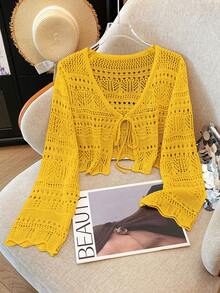 SHEIN Franclia New Solid Color Hollow Crochet Lace Lightweight Cardigan, Versatile Outerwear For Women - Mustard Yellow - View 4