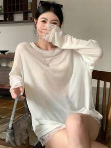DAZY 女款二合一蕾丝拼布长袖宽松长款T恤，适合春季和秋季服装 - 白色 - 查看 6