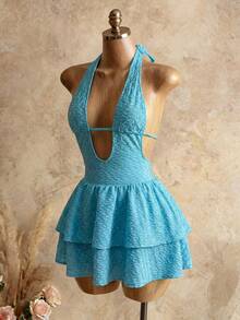 BamGleam Đầm ngắn kiểu dáng nghỉ mát dành cho nữ, màu xanh ngọc lam, chất liệu vải dệt họa tiết, cổ chữ V sâu, dây buộc vai, viền bèo nhún, eo thắt, thích hợp cho các bữa tiệc, mùa cưới, trang phục gợi cảm, hẹn hò, tiệc trà chiều, lễ hội âm nhạc, bãi biển, đầm nghỉ mát mùa hè, đầm ngắn. - Màu xanh ngọc - Xem 3