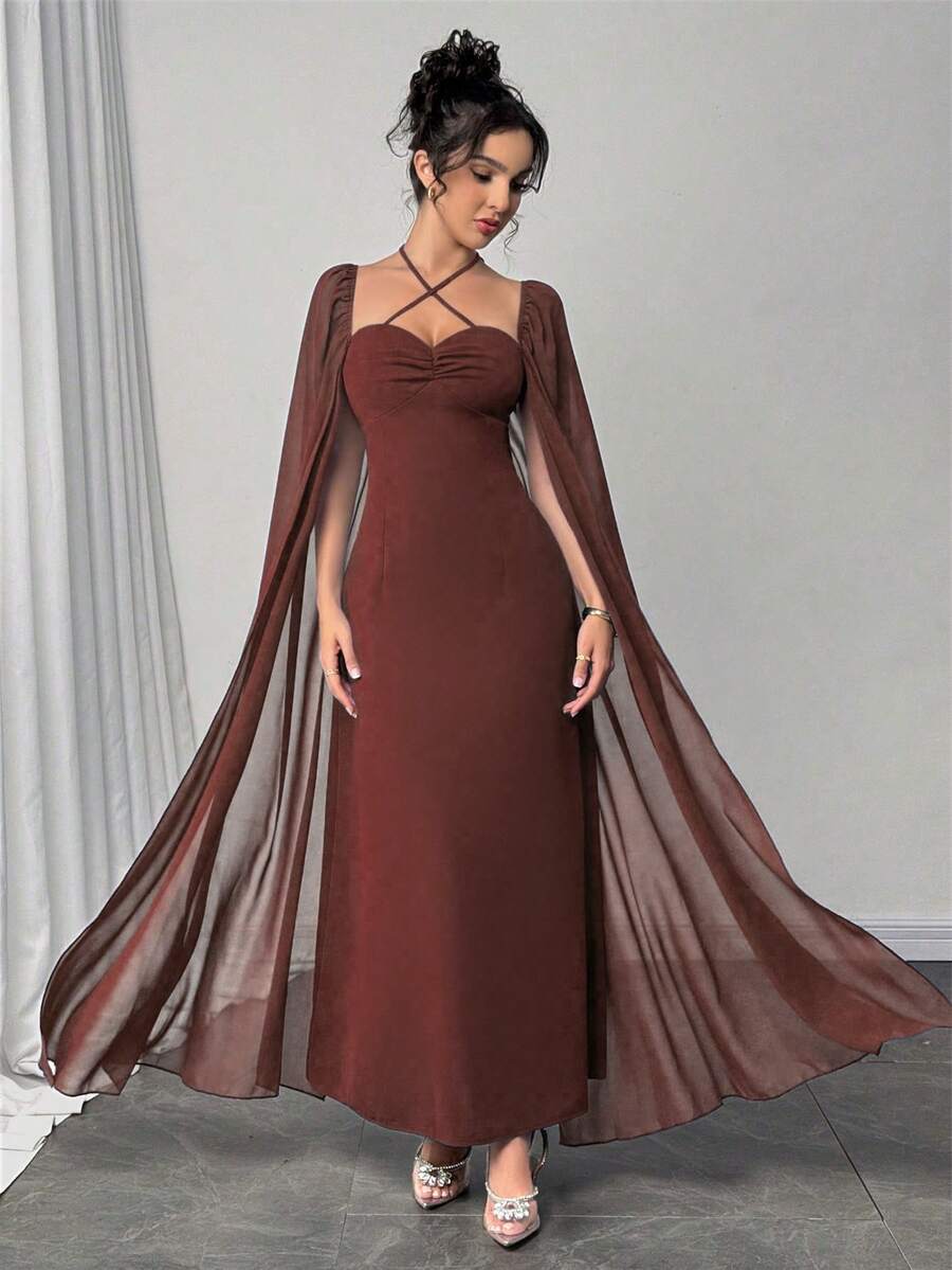 Modelyn Heavily Pleated Sexy Fitted Waist Flared Hem Dress For Women - Coffee - View 1