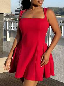 Tyla Gomez 女式纯红色迷你 A 字形泡泡袖方领优雅收腰摇摆圣诞约会派对连衣裙，秋冬 - 紅色 - 查看 3