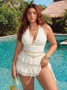 ROMWE Avant Plus Size Women's Summer Sexy Beach Vacation Style Solid Color Textured Fabric Metal Starfish Decor Multi-Layered Ruffle Hem Backless Tie Neck Dress - Apricot - View 1