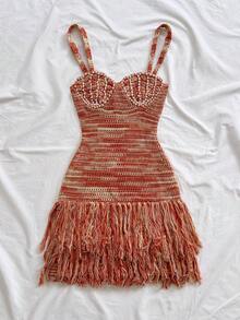 Soleia Vestido mini ajustado con tirantes de espagueti, bajo con flecos y con forma de concha, adecuado para la playa, la isla, las vacaciones, el estilo bohemio, vintage y festivo - Multicolor - Ver 4