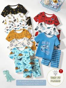 [1 Set] Young BoyCute Cartoon Animal, Gamepad, Astronaut Print Short Sleeve Shorts Snug Fit Pajama Set, Random Assortment - Multicolor - View 1