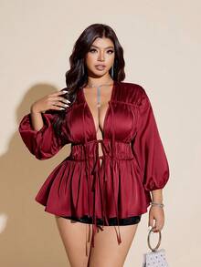 Viva Relle Plus Size Versatile Red Shirt With Front Tie, Suitable For Vacation - Orange - View 1