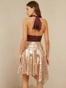 Aveloria Rosie 时尚现代派对百搭精致亮片装饰面料腰带不对称下摆女裙 - 香檳色 - 查看 6