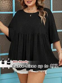 SHEIN CURVE+ 加大码女式超宽松弹力娃娃衫T恤 - 黑色 - 查看 9
