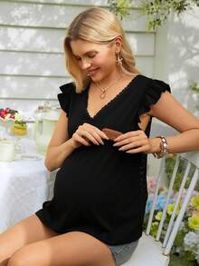 SHEIN 孕妇时尚简约提花针织T恤 - 黑色 - 查看 5